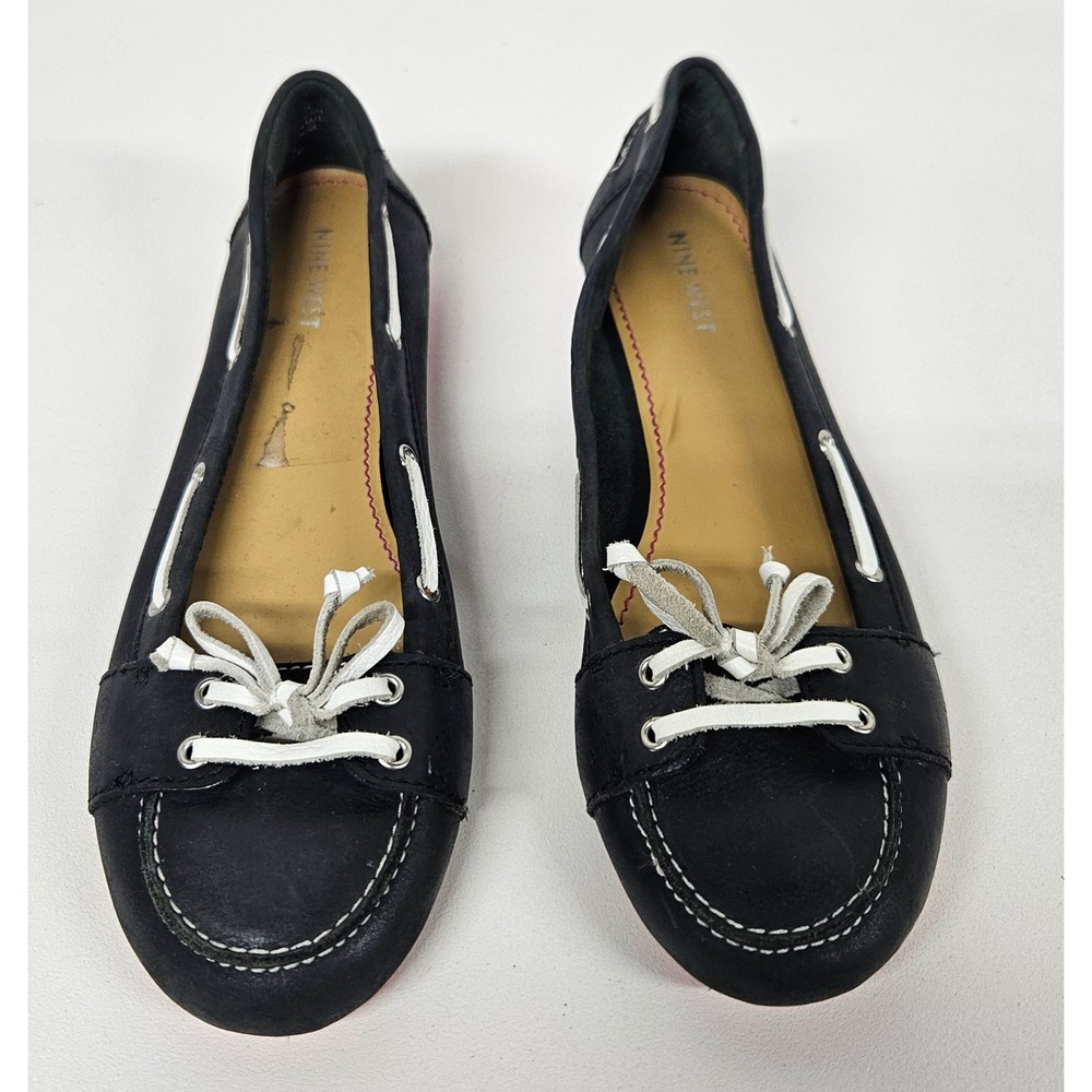 Nine West Clayette Black Leather Boat Shoe Ballet Flats Pink Sole Womens 7.5 M